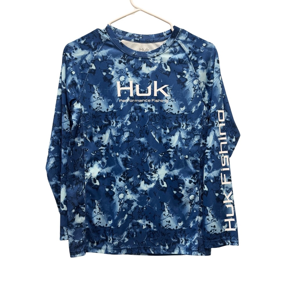 Huk Performance Fishing Shirt Youth YL Blue Excellent Camo Long Sleeve Mesh